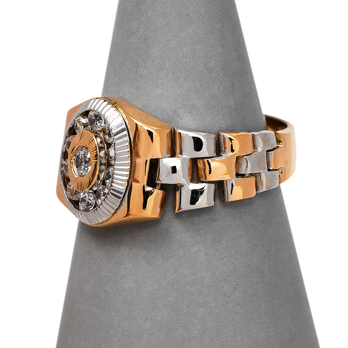 Pre-Owned 14ct Gold Mens CZ Cluster Flexi Watch Link Ring