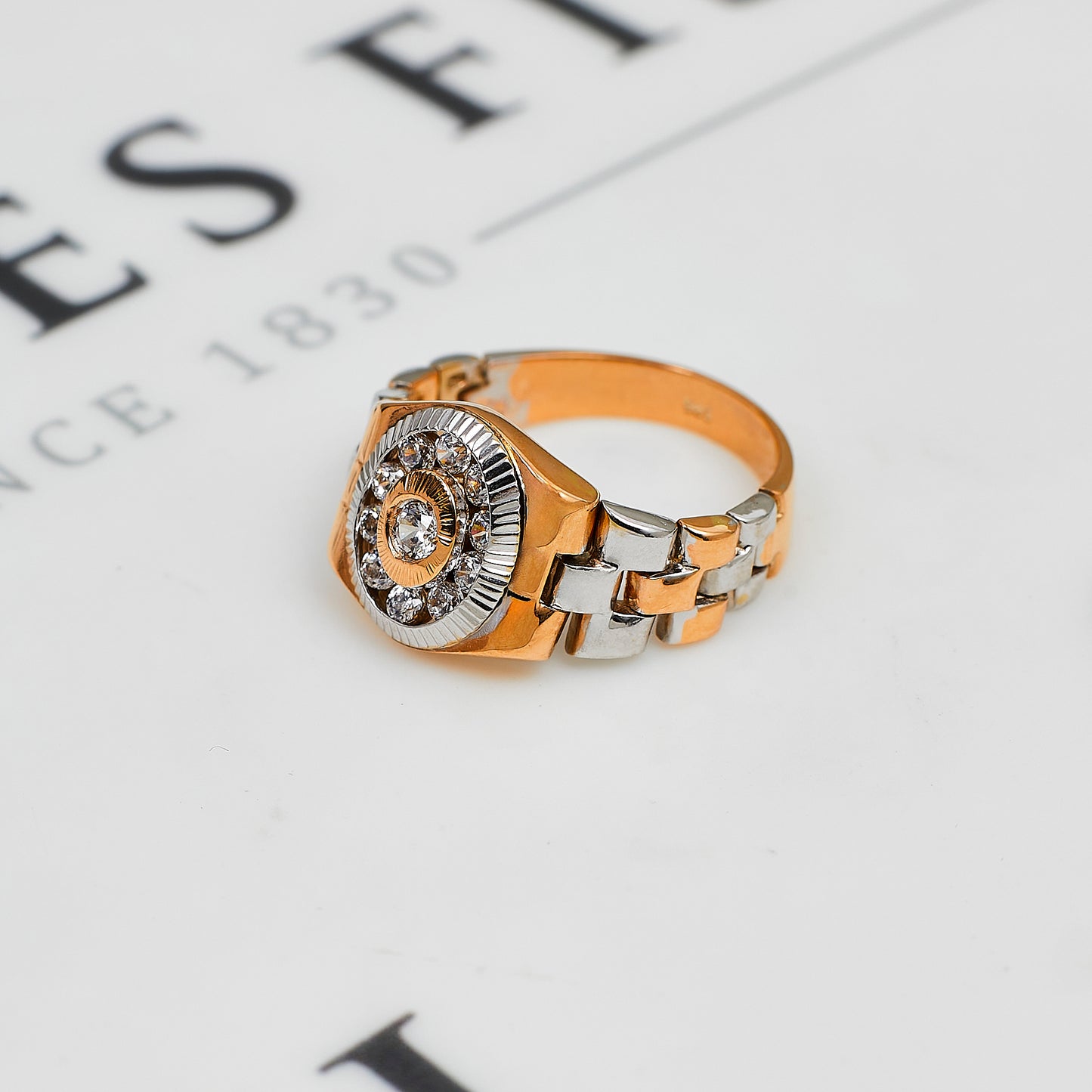 Pre-Owned 14ct Gold Mens CZ Cluster Flexi Watch Link Ring