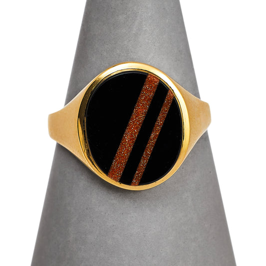 Pre-Owned 9ct Gold Oval Onyx & Sunstone Signet Ring Size S.5