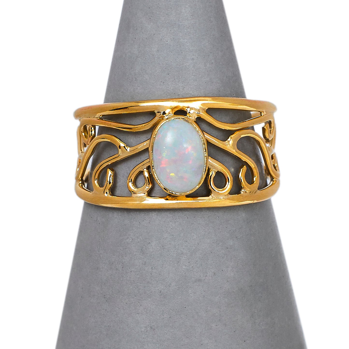Pre-Owned 14ct Gold Oval Opal Filigree Ring Size I