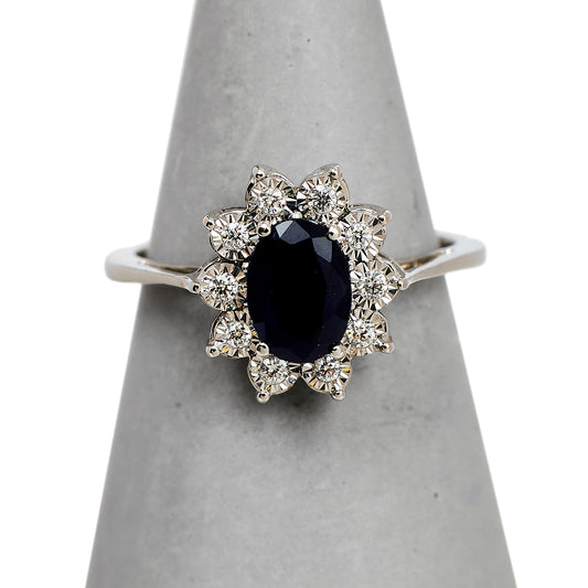 Pre-Owned 9ct White Gold Sapphire & Diamond Ring Size L.5