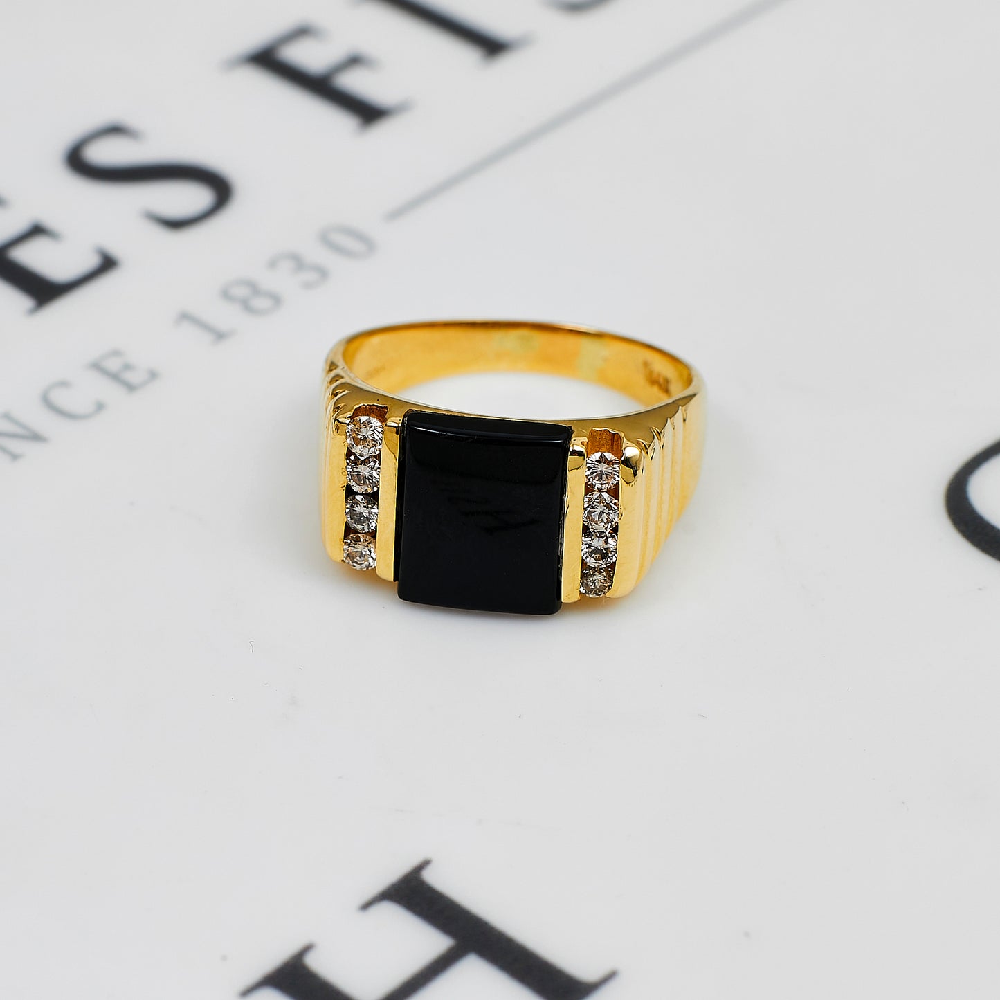 Pre-Owned 14ct Gold Mens Onyx & CZ Dress Ring Size X