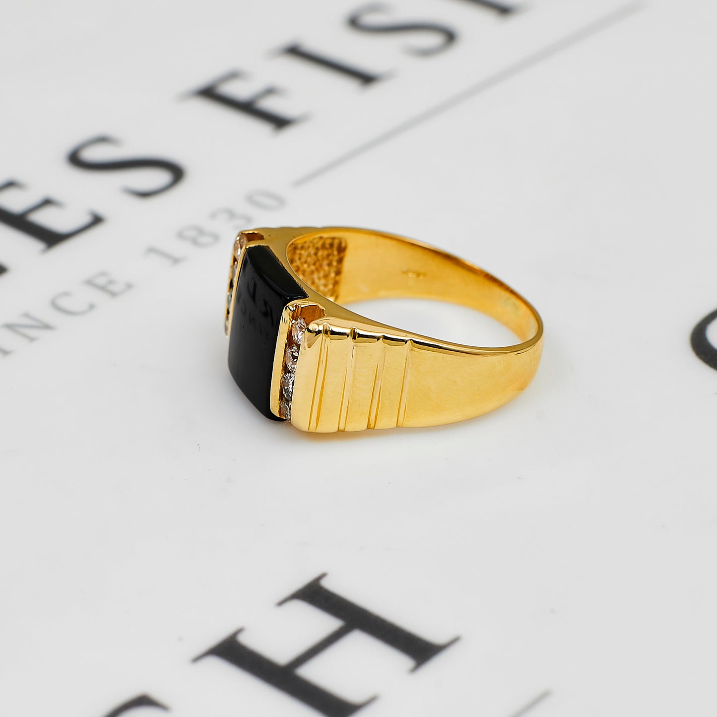Pre-Owned 14ct Gold Mens Onyx & CZ Dress Ring Size X