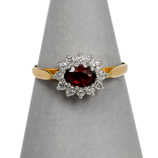 Pre-Owned 9ct Gold Oval Garnet & CZ Cluster Ring Size P