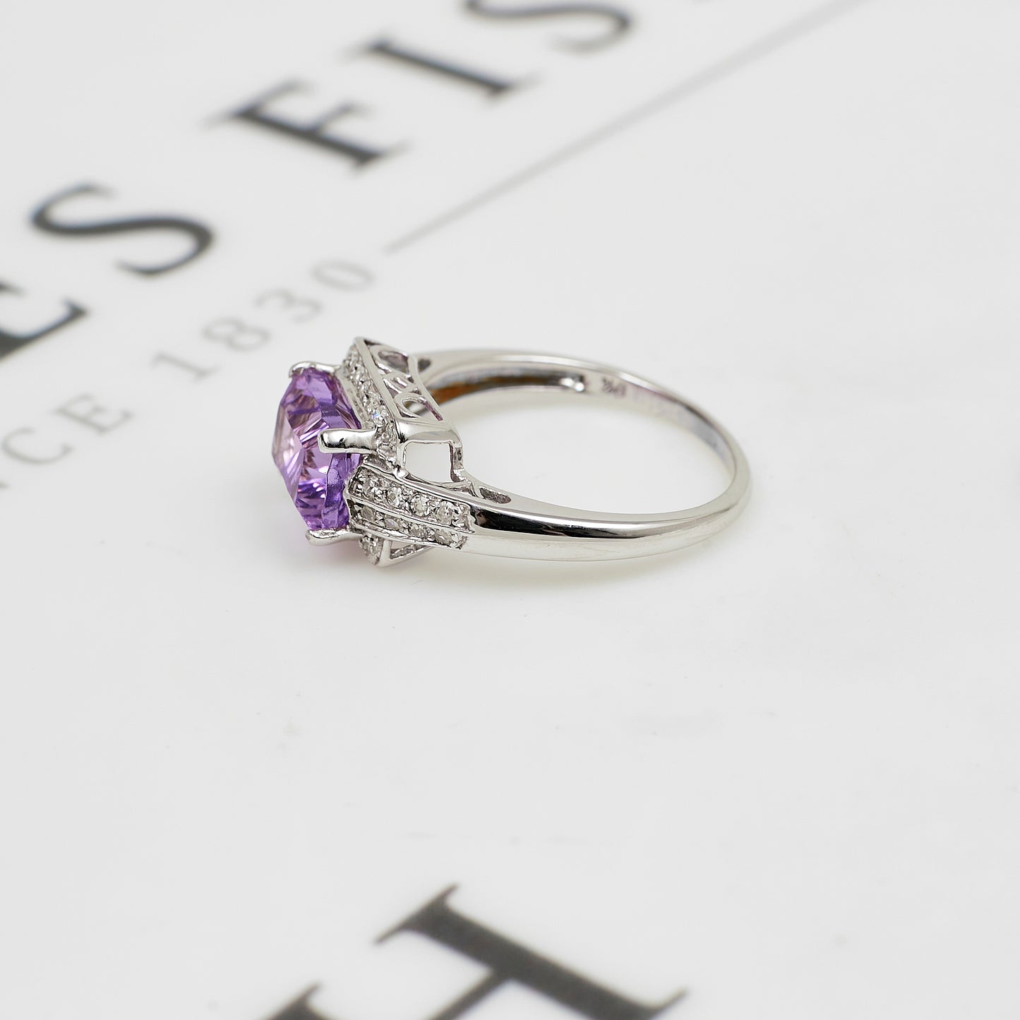 Pre-Owned 9ct White Gold Rectangle Amethyst & Diamond Ring