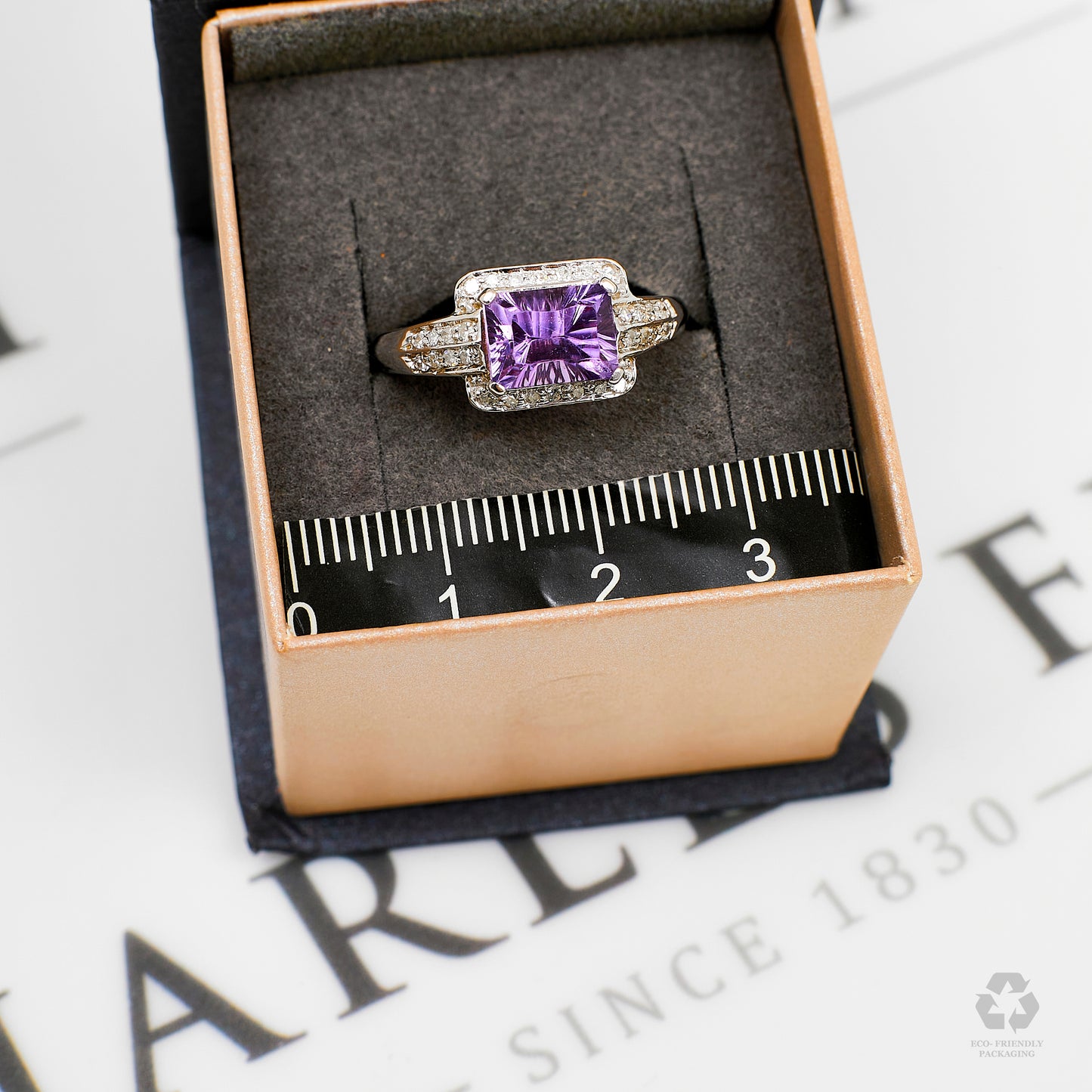 Pre-Owned 9ct White Gold Rectangle Amethyst & Diamond Ring