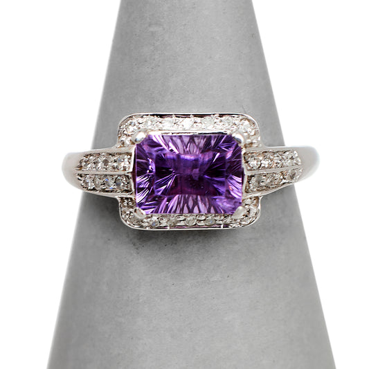 Pre-Owned 9ct White Gold Rectangle Amethyst & Diamond Ring