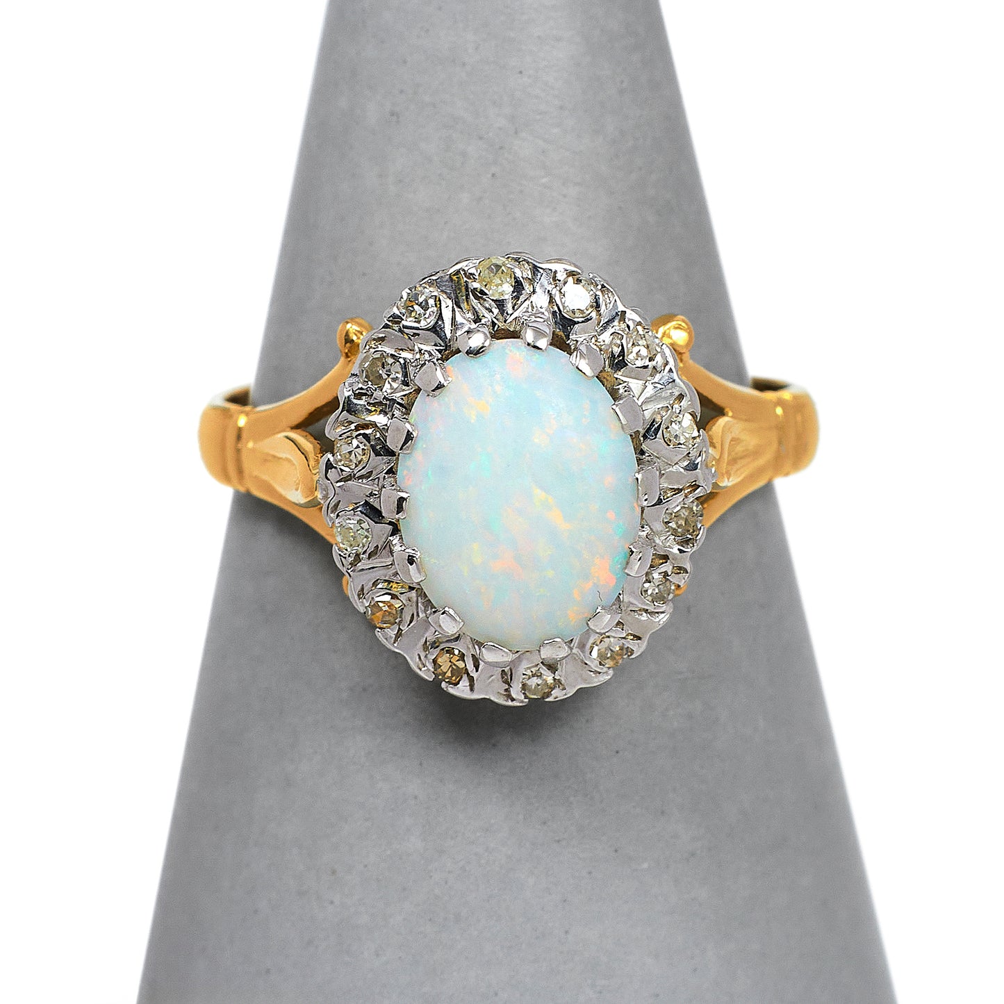 Pre-Owned 18ct Gold Oval Opal & Diamond Cluster Ring Size O
