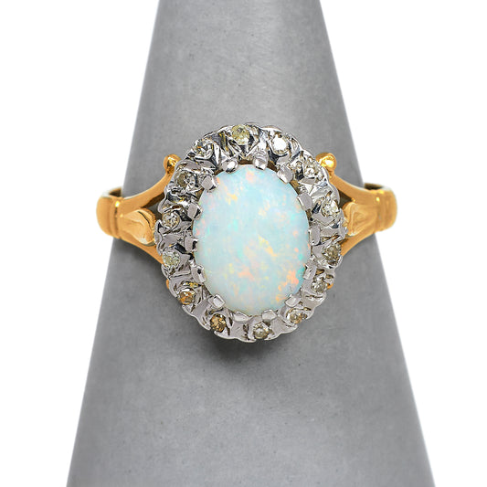 Pre-Owned 18ct Gold Oval Opal & Diamond Cluster Ring Size O