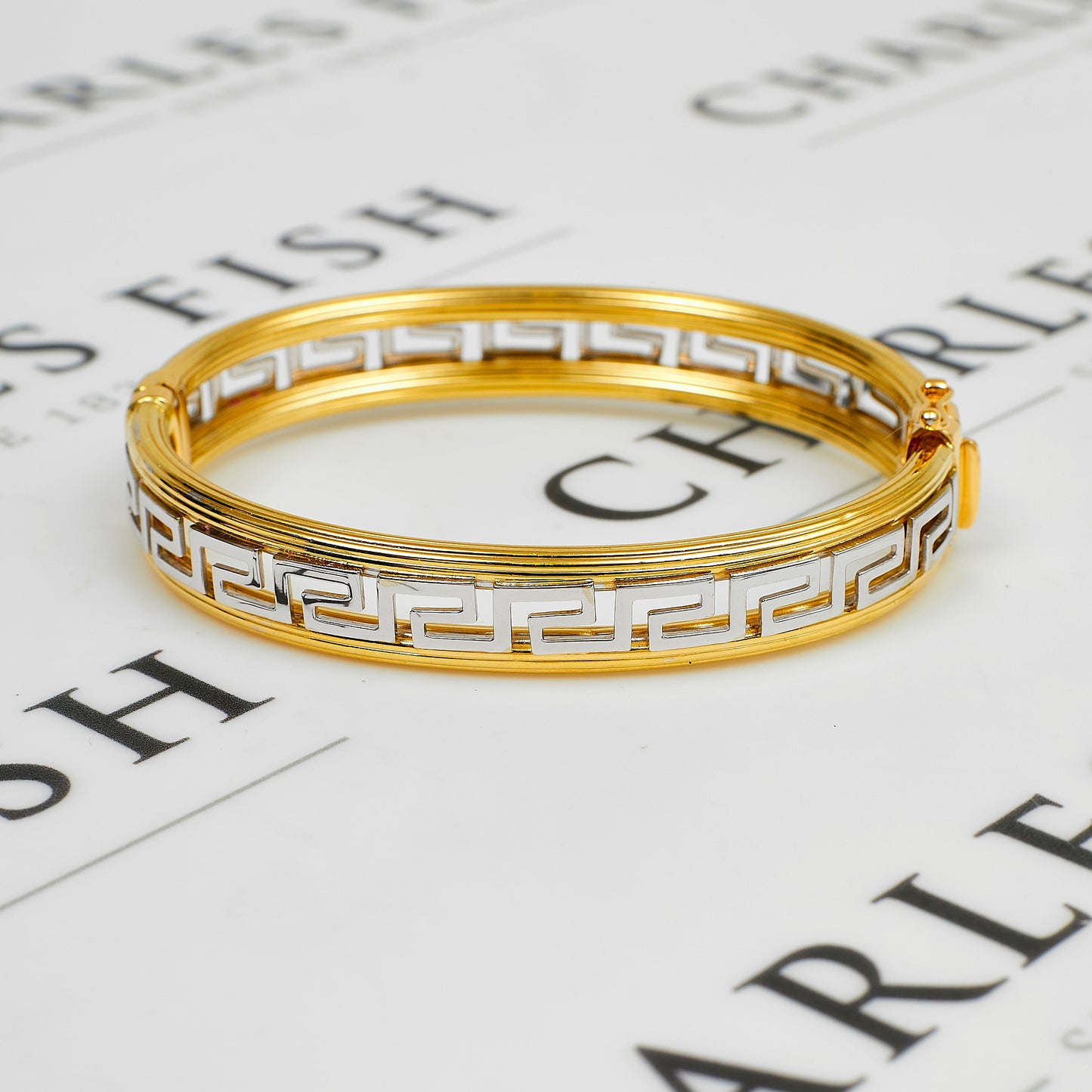 Pre-Owned 14ct Gold 2 Tone Greek Key Design Hinged Bangle
