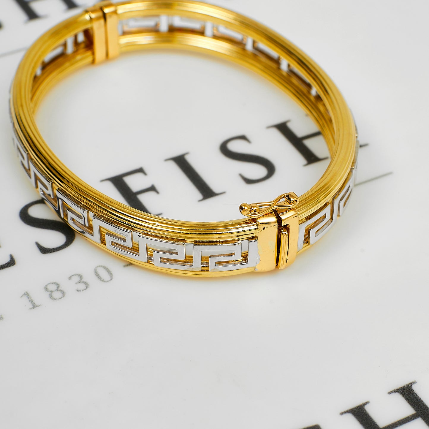 Pre-Owned 14ct Gold 2 Tone Greek Key Design Hinged Bangle