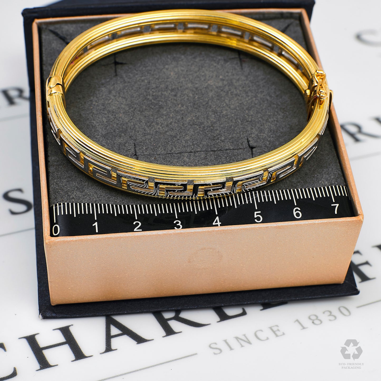 Pre-Owned 14ct Gold 2 Tone Greek Key Design Hinged Bangle