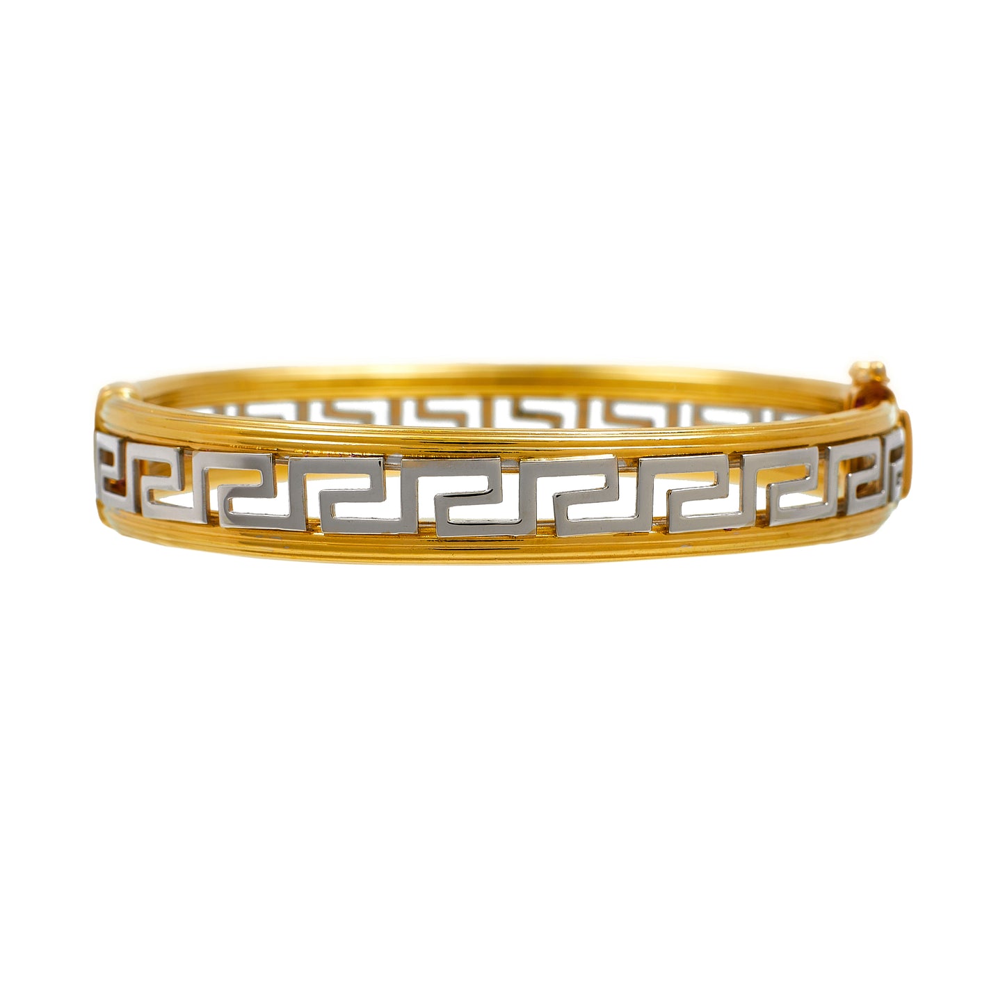 Pre-Owned 14ct Gold 2 Tone Greek Key Design Hinged Bangle