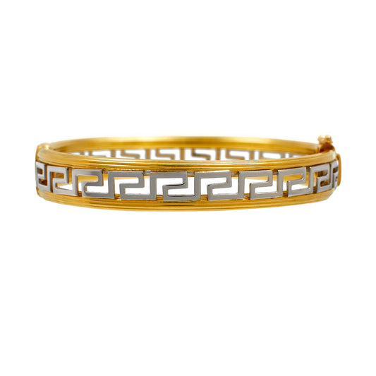 Pre-Owned 14ct Gold 2 Tone Greek Key Design Hinged Bangle