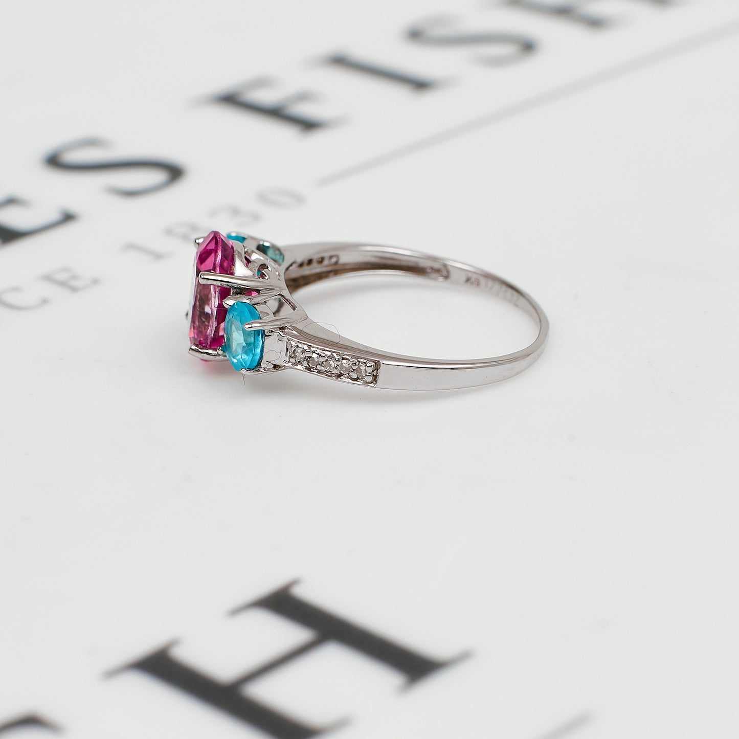 Pre-Owned 9ct White Gold Coated Topaz Apatite & Diamond Ring