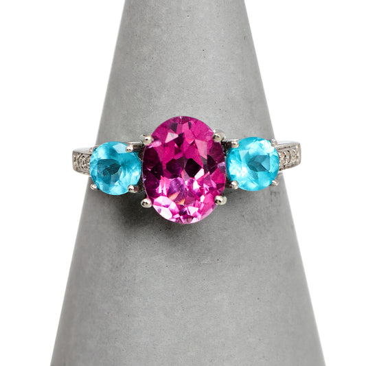 Pre-Owned 9ct White Gold Coated Topaz Apatite & Diamond Ring