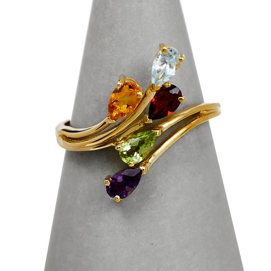 Pre-Owned 9ct Gold Multi Gemstone Crossover Ring Size P