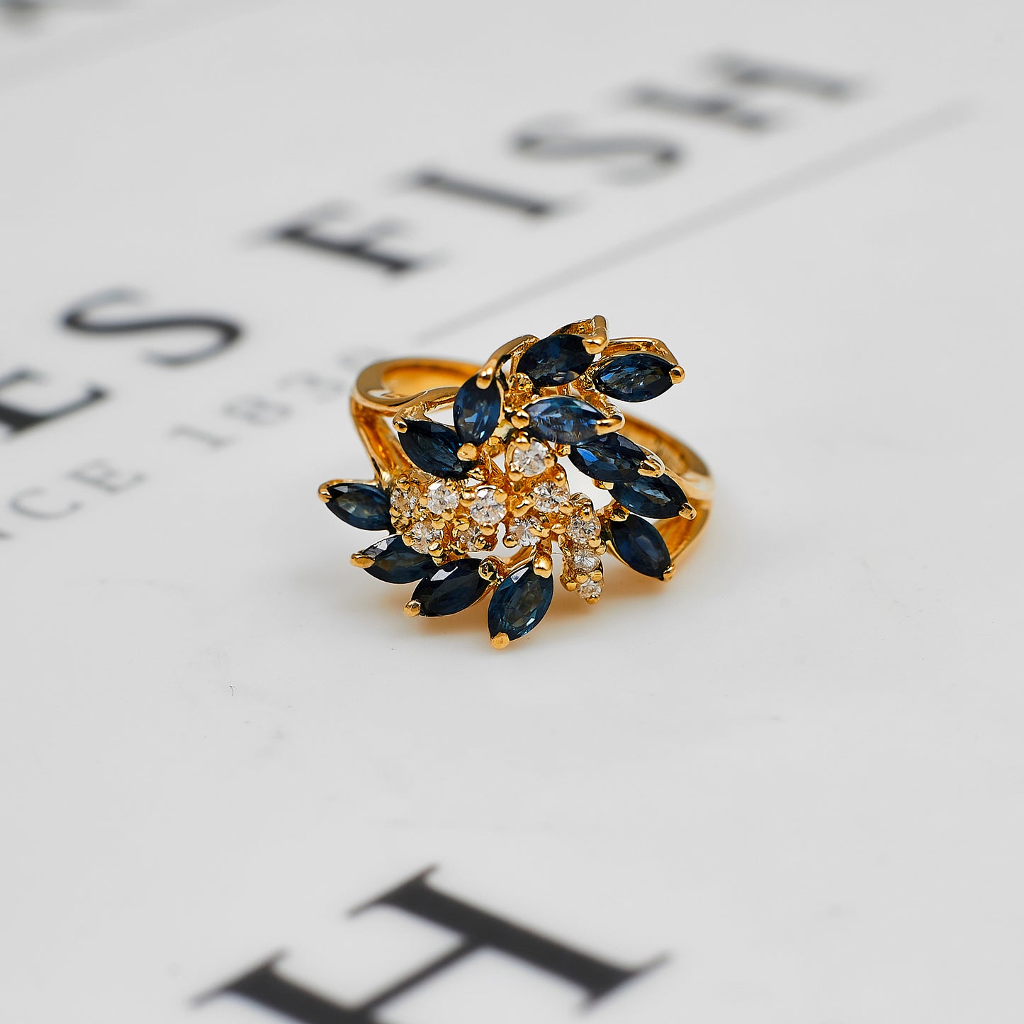 Pre-Owned 14ct Gold Sapphire & Diamond Cocktail Ring Size M