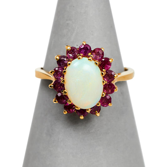 Pre-Owned 9ct Gold Oval Opal & Ruby Cluster Ring Size L.5