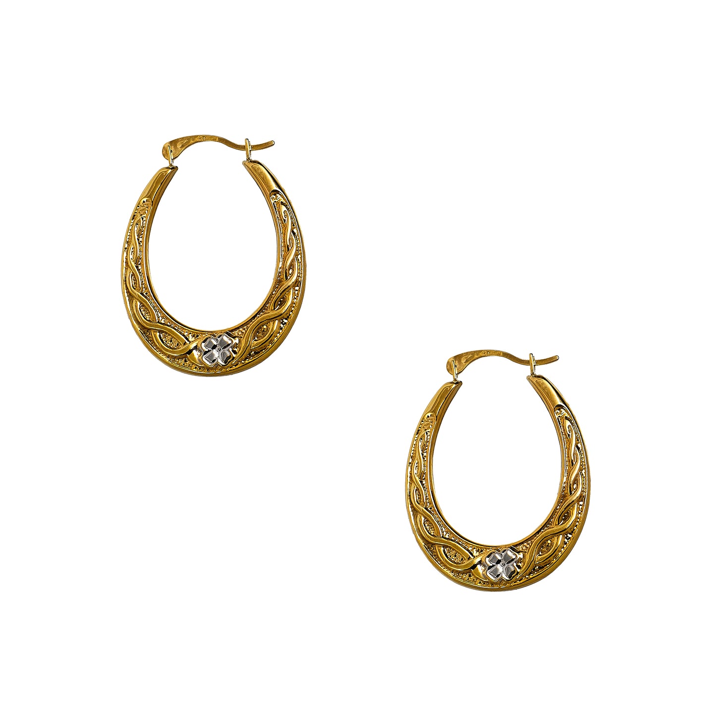 Pre-Owned 9ct Gold 2 Tone Creole Hoop Clover Earrings