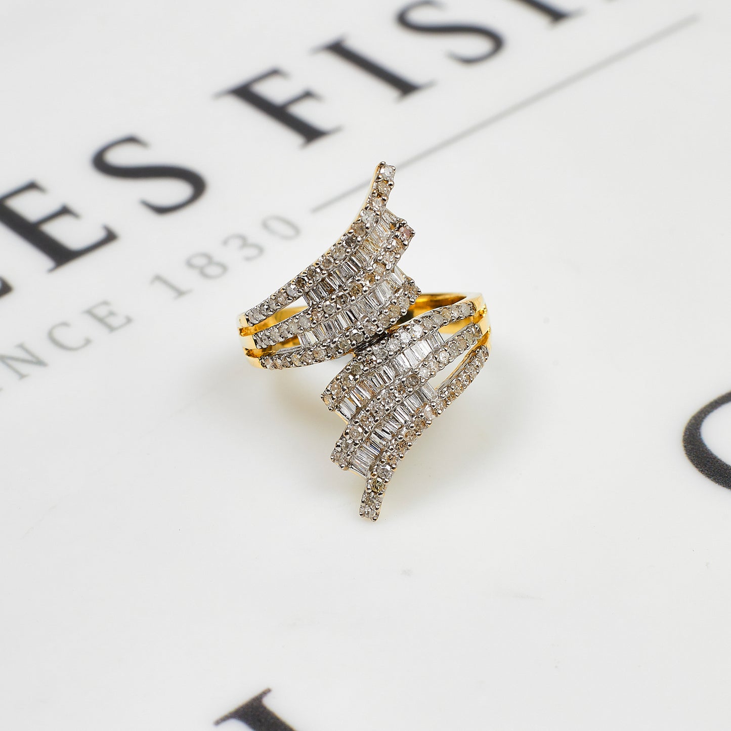 Pre-Owned 9ct Gold Baguette & Round Diamond Crossover Ring
