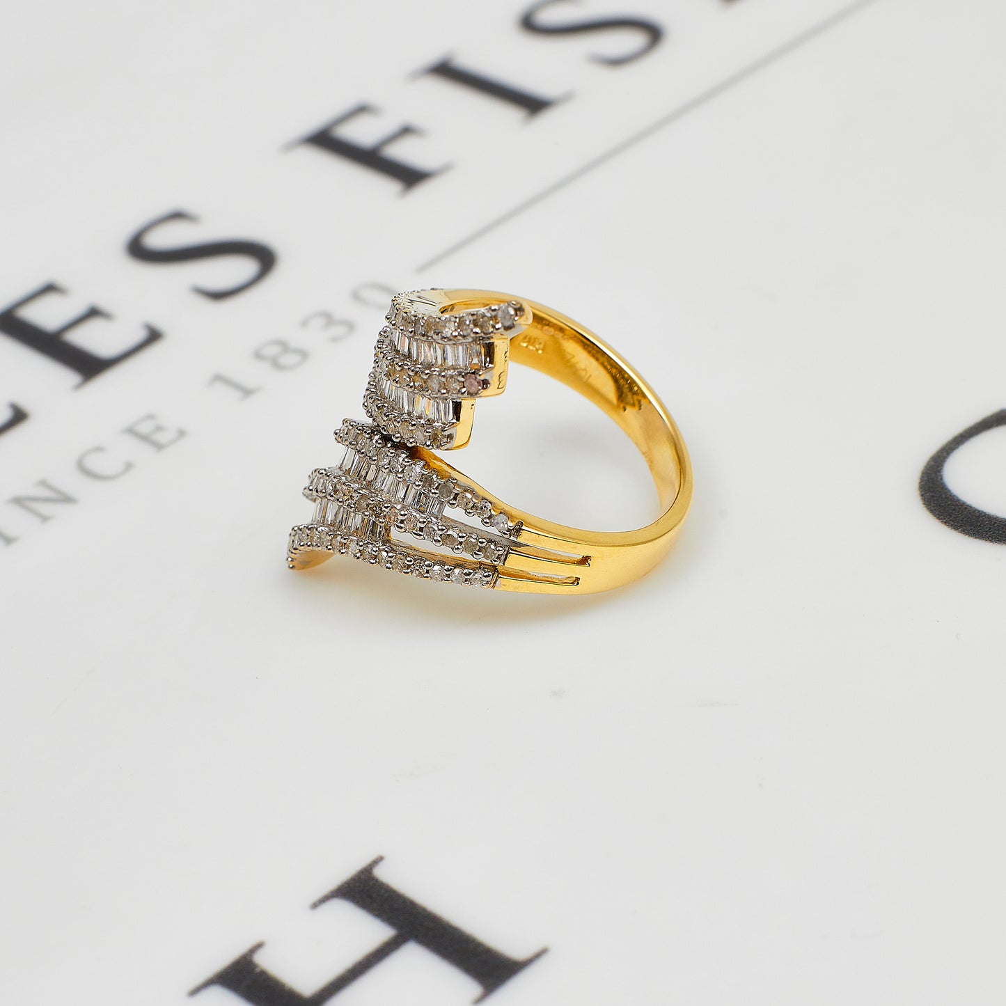 Pre-Owned 9ct Gold Baguette & Round Diamond Crossover Ring