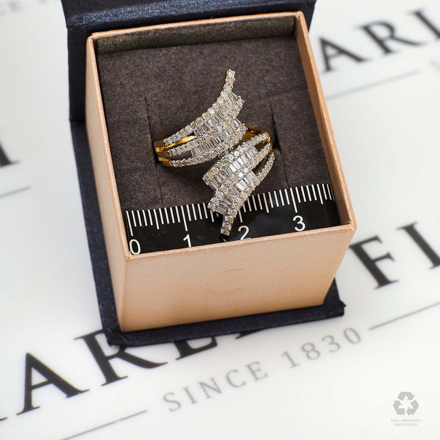 Pre-Owned 9ct Gold Baguette & Round Diamond Crossover Ring