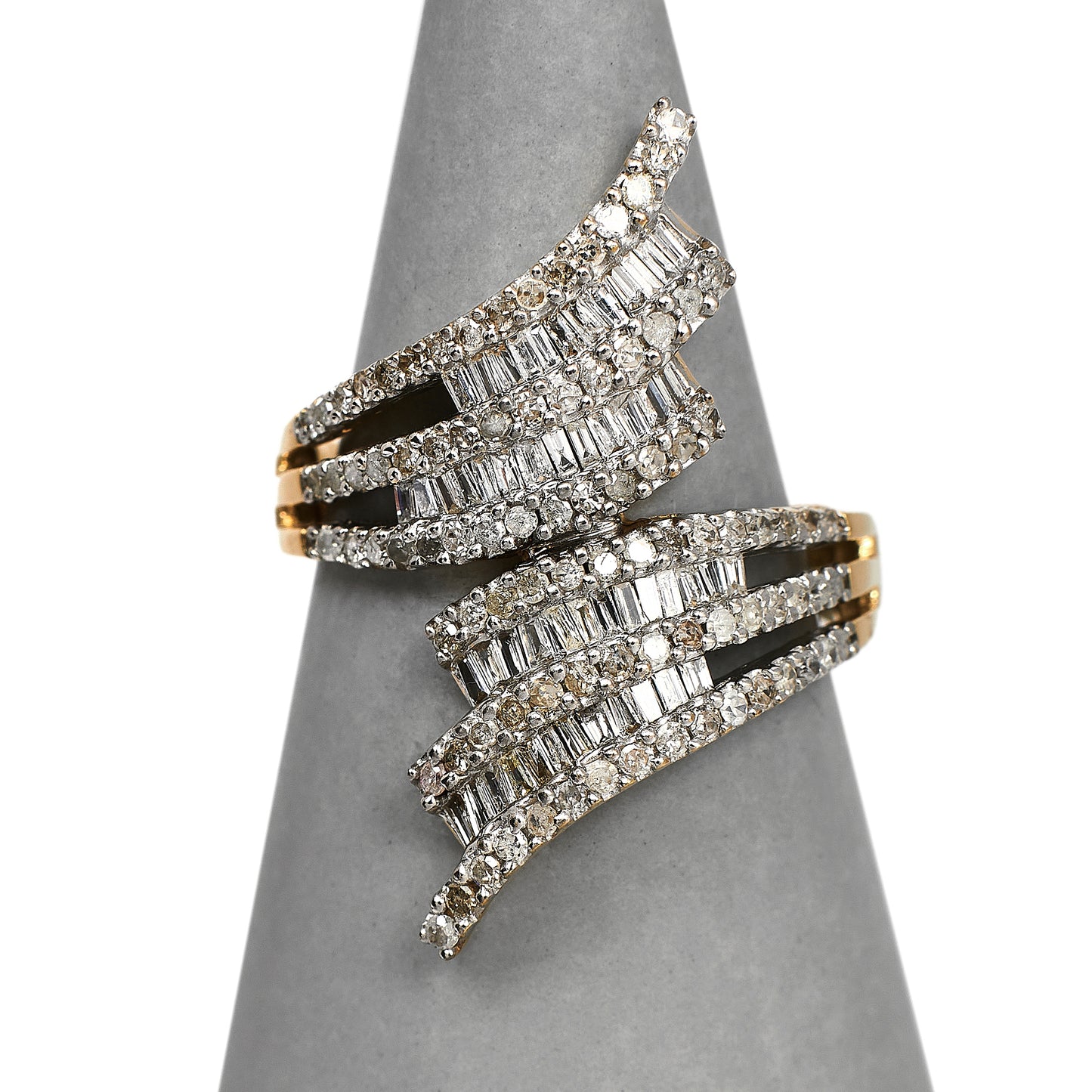 Pre-Owned 9ct Gold Baguette & Round Diamond Crossover Ring