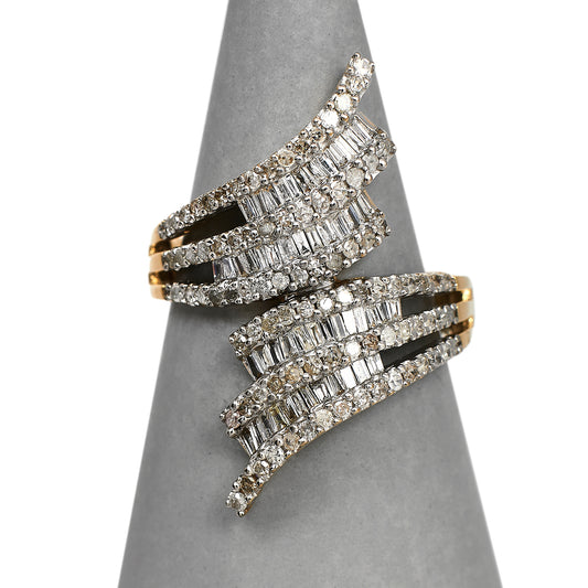 Pre-Owned 9ct Gold Baguette & Round Diamond Crossover Ring