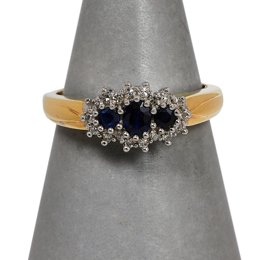 Pre-Owned 9ct Gold 3 Sapphire & Diamond Cluster Ring Size O
