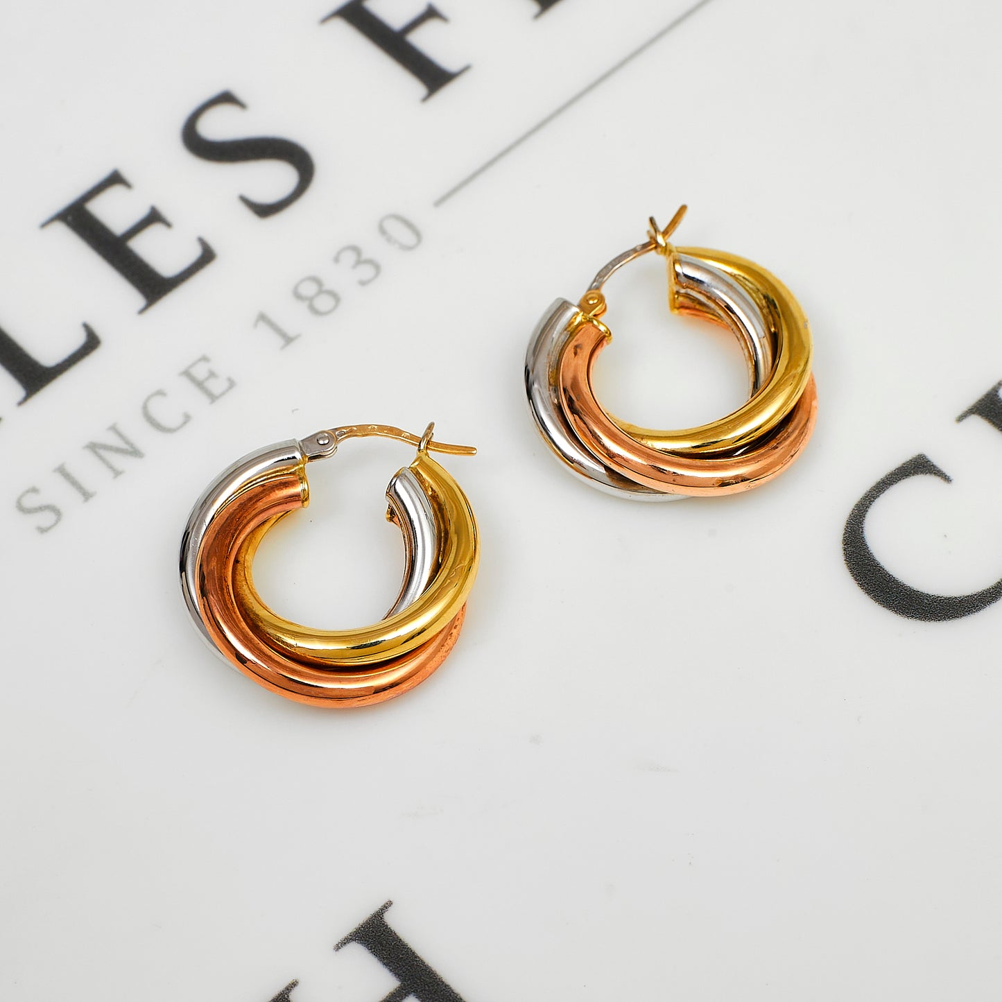 Pre-Owned 9ct Gold Tricolour 3 Hoop Creole Earrings