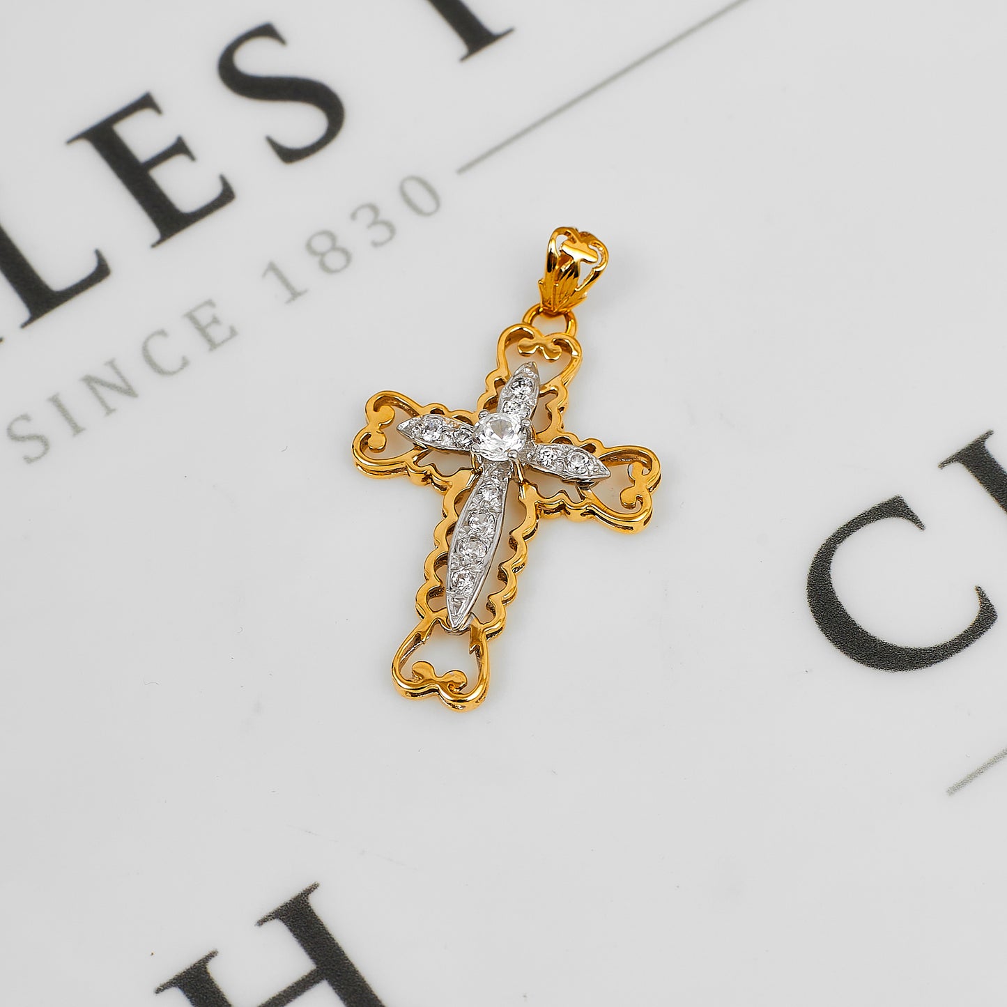 Pre-Owned 9ct Gold 2 Tone CZ Cross Pendant