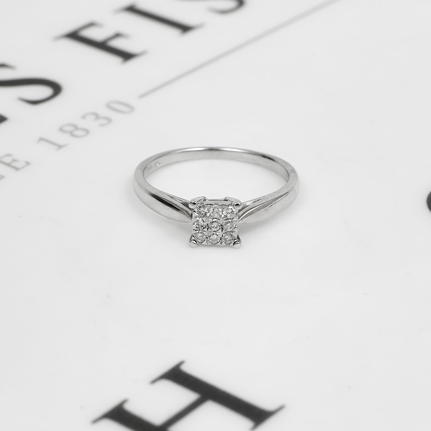Pre-Owned 18ct White Gold Square 9 Diamond Ring Size O.5