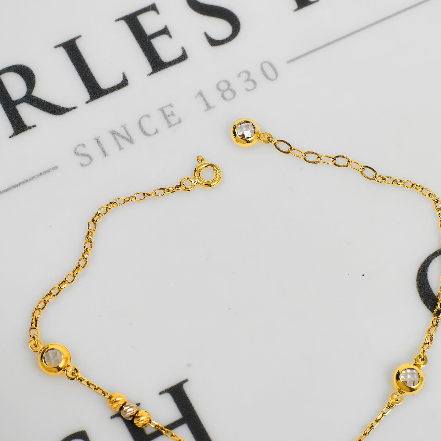 Pre-Owned 14ct Gold Belcher Chain Bracelet & CZ Beads