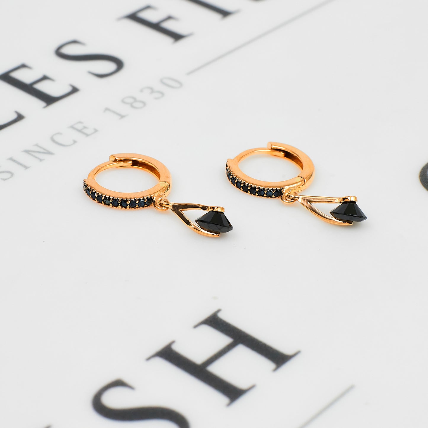 Pre-Owned 14ct Gold Huggie Hoop Earrings & Black CZ Drops