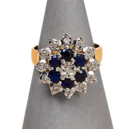 Pre-Owned 9ct Gold Sapphire & Diamond Cluster Ring Size J.5