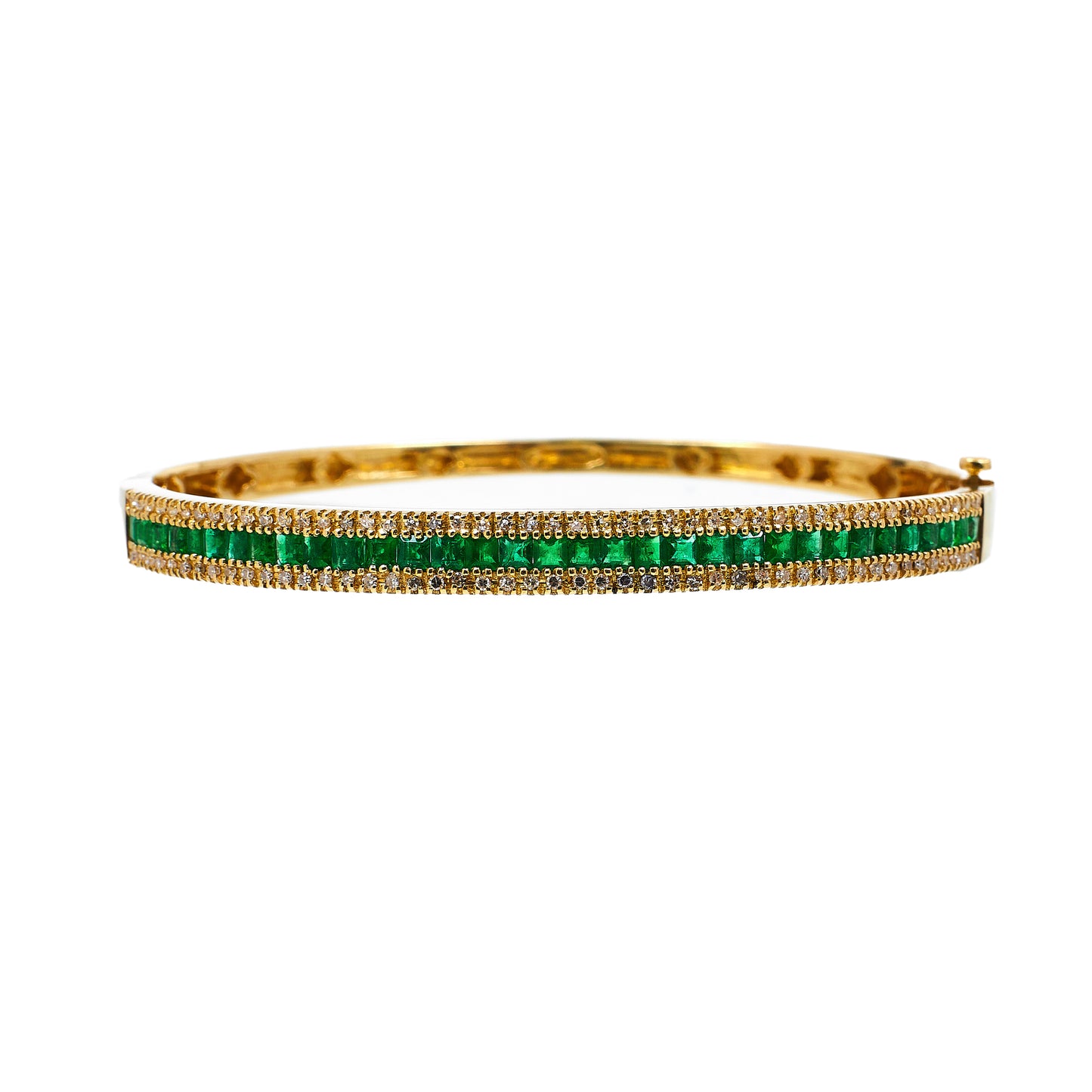 Pre-Owned 14ct Gold 3 Row Diamond & Emerald Hinged Bangle