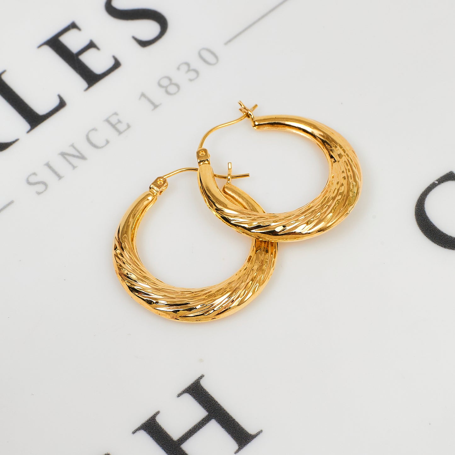 Pre-Owned 14ct Gold Bark Texture Creole Hoop Earrings