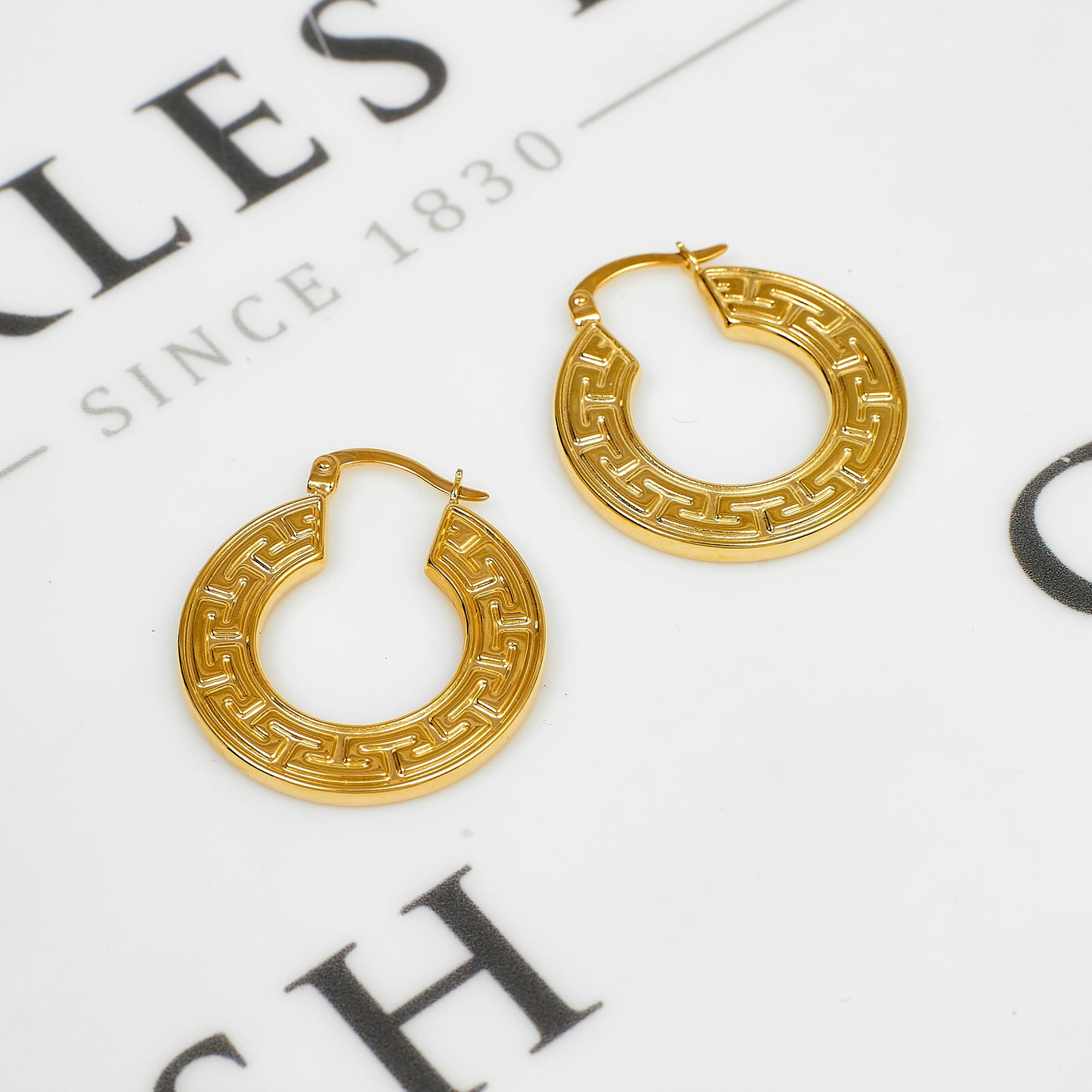 Pre-Owned 14ct Gold Greek Key Creole Hoop Earrings