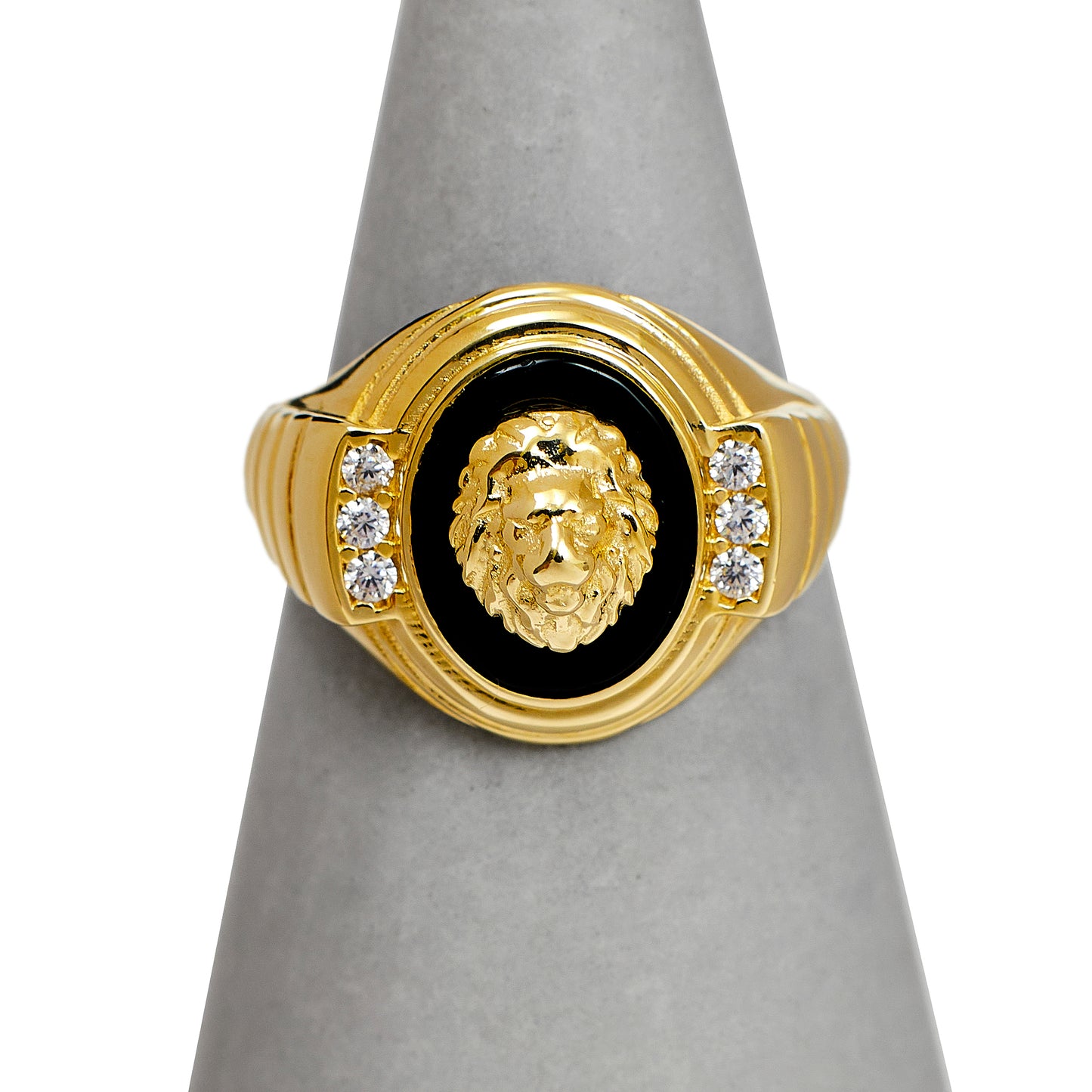 Pre-Owned 14ct Gold Oval Onyx & CZ Lion Head Ring Size L