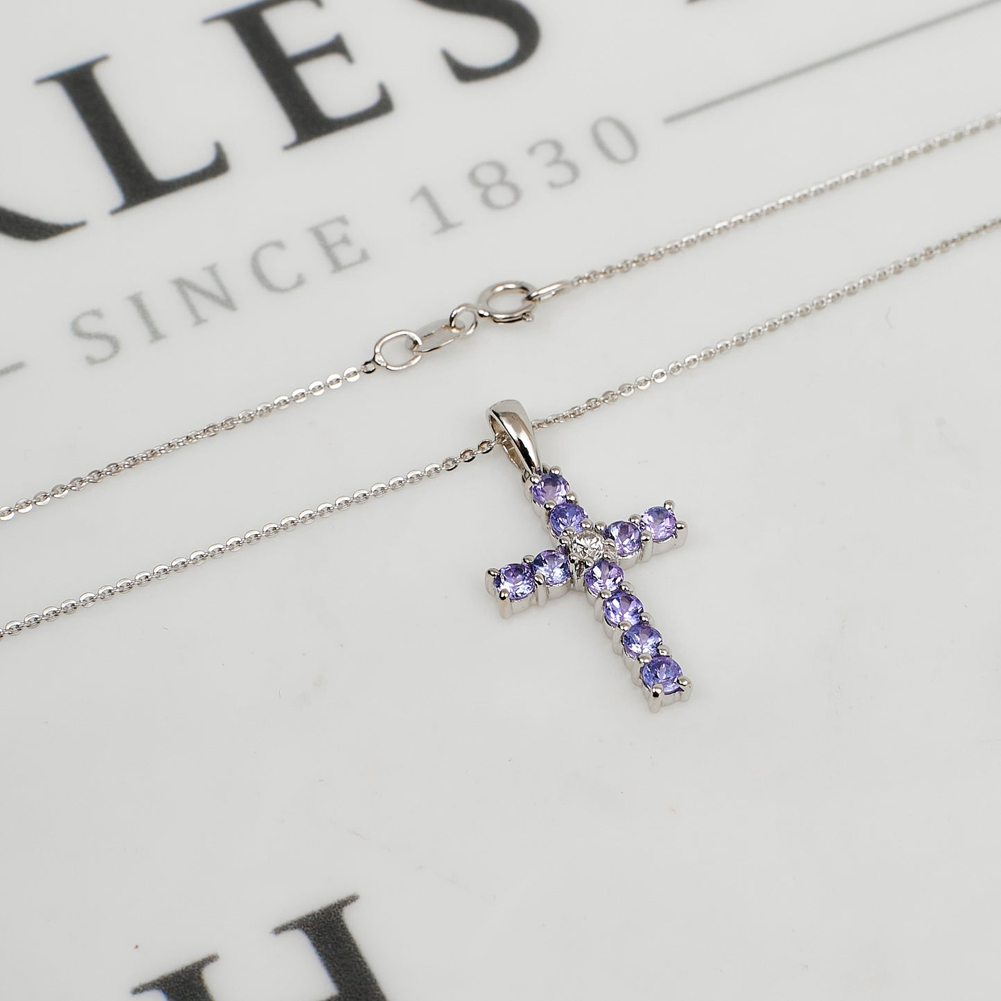 Pre-Owned 18ct White Gold & Tanzanite Cross Pendant & Chain