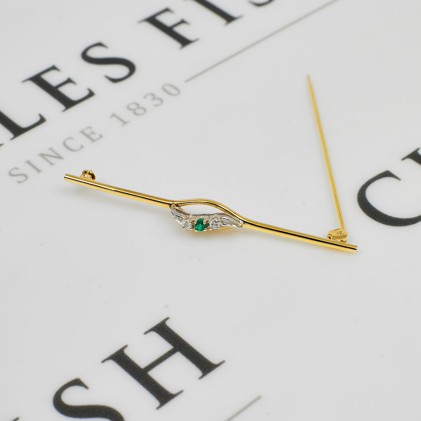 Pre-Owned 9ct Gold Emerald & Diamond Bar Brooch