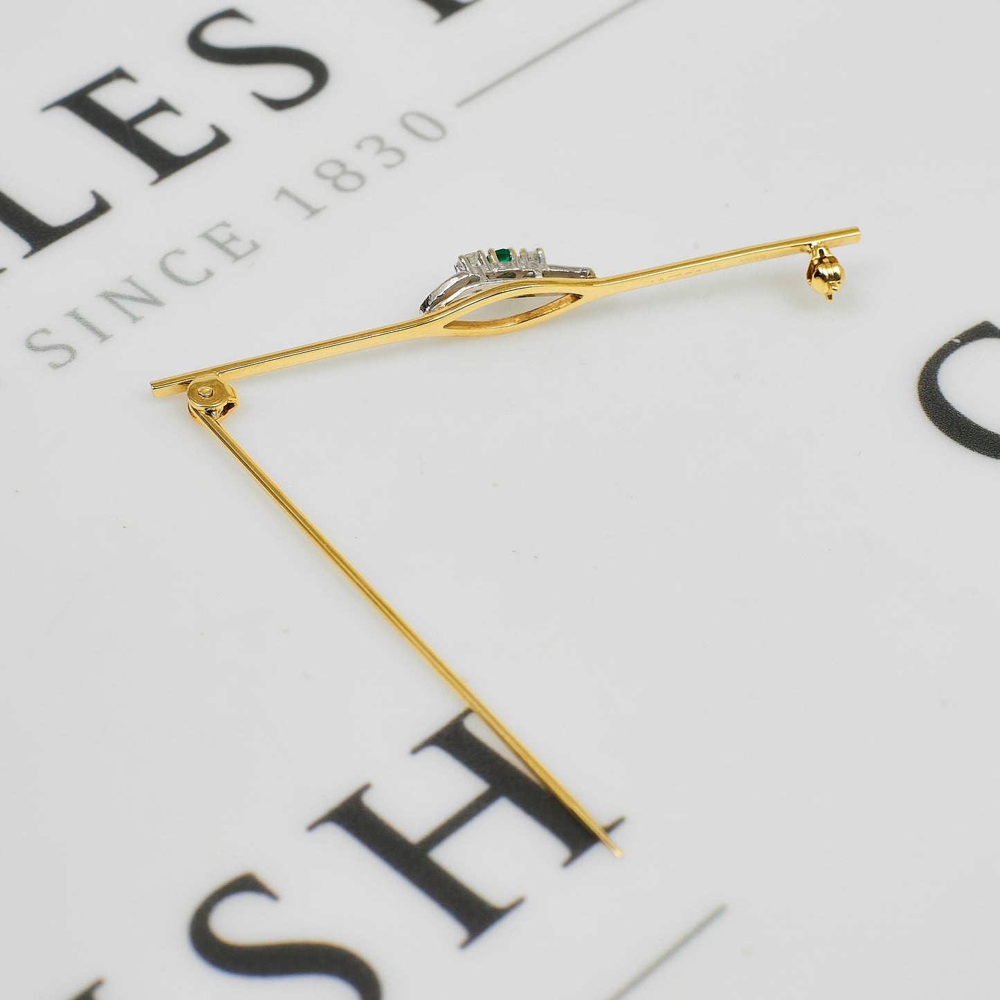 Pre-Owned 9ct Gold Emerald & Diamond Bar Brooch