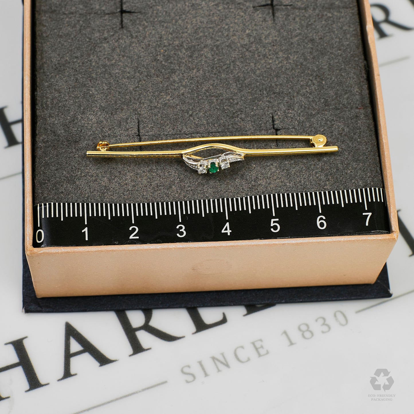 Pre-Owned 9ct Gold Emerald & Diamond Bar Brooch