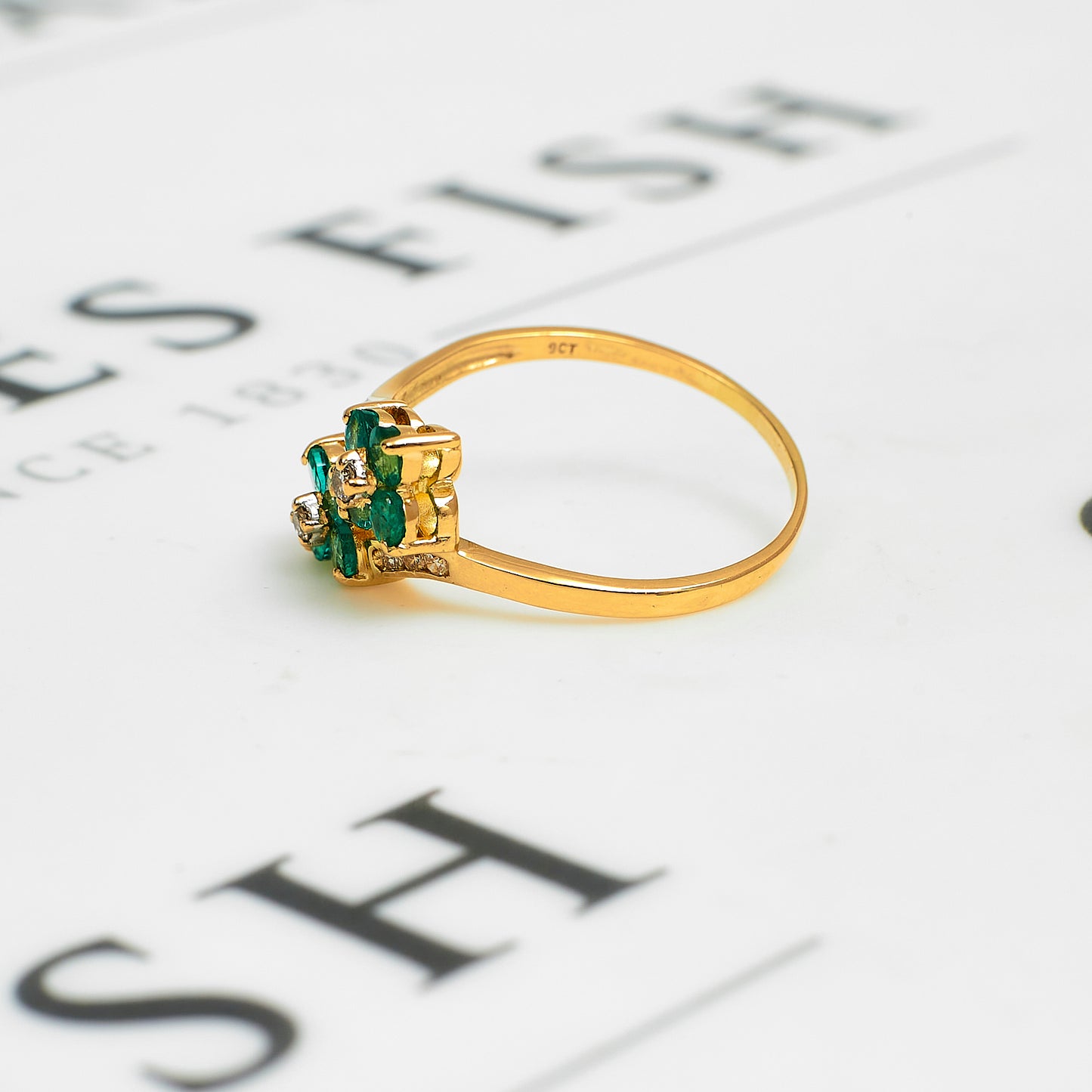 Pre-Owned 9ct Gold Diamond & Emerald Cluster Crossover Ring