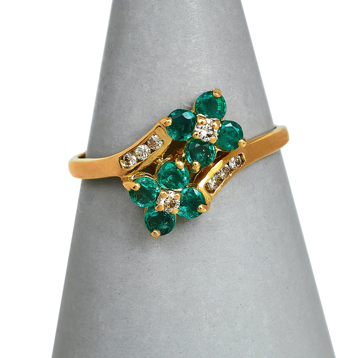 Pre-Owned 9ct Gold Diamond & Emerald Cluster Crossover Ring