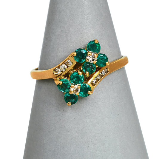 Pre-Owned 9ct Gold Diamond & Emerald Cluster Crossover Ring
