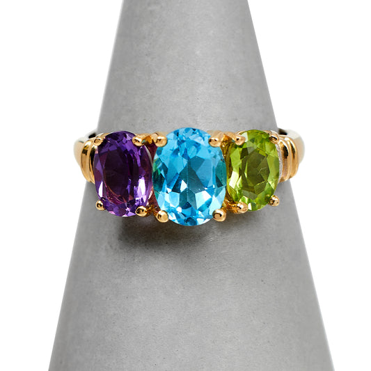 Pre-Owned 9ct Gold Amethyst Topaz & Peridot Ring Size N