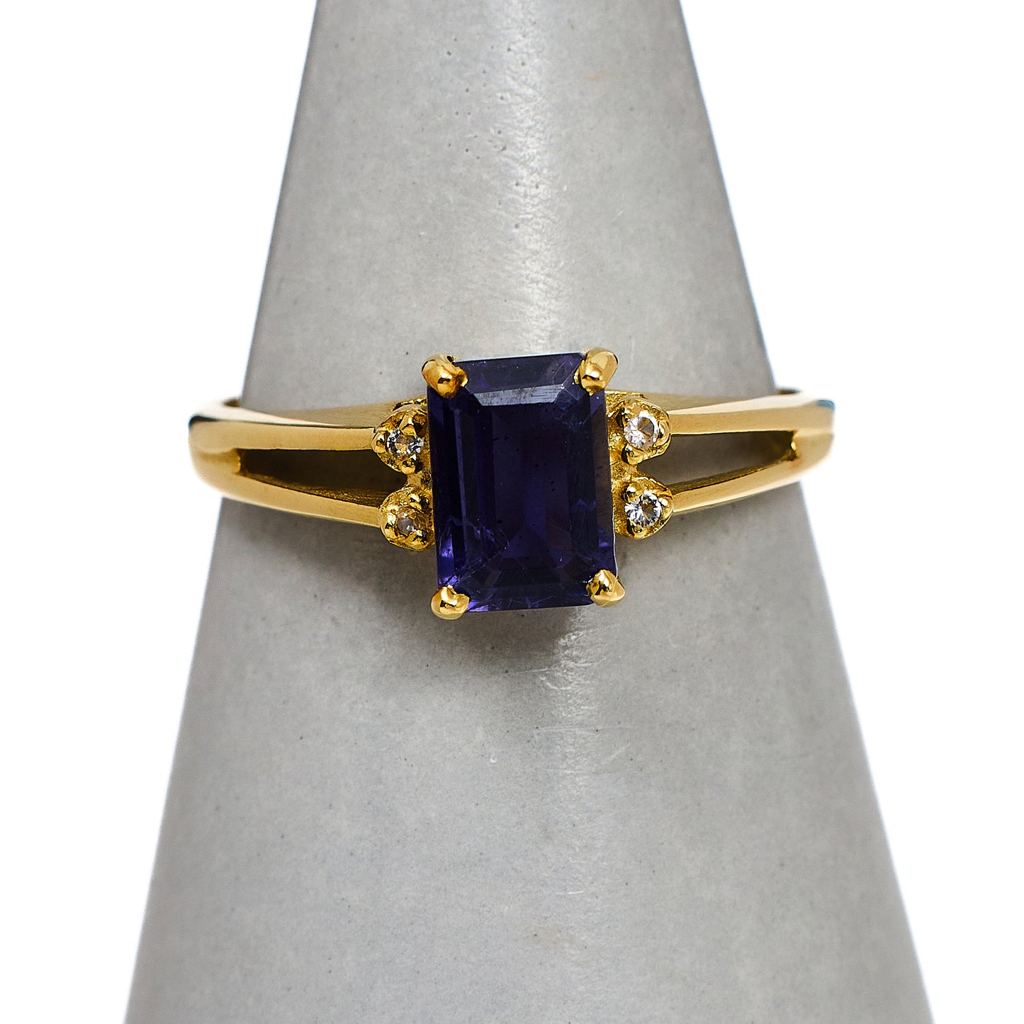 Pre-Owned 9ct Gold Rectangle Iolite & White Zircon Ring