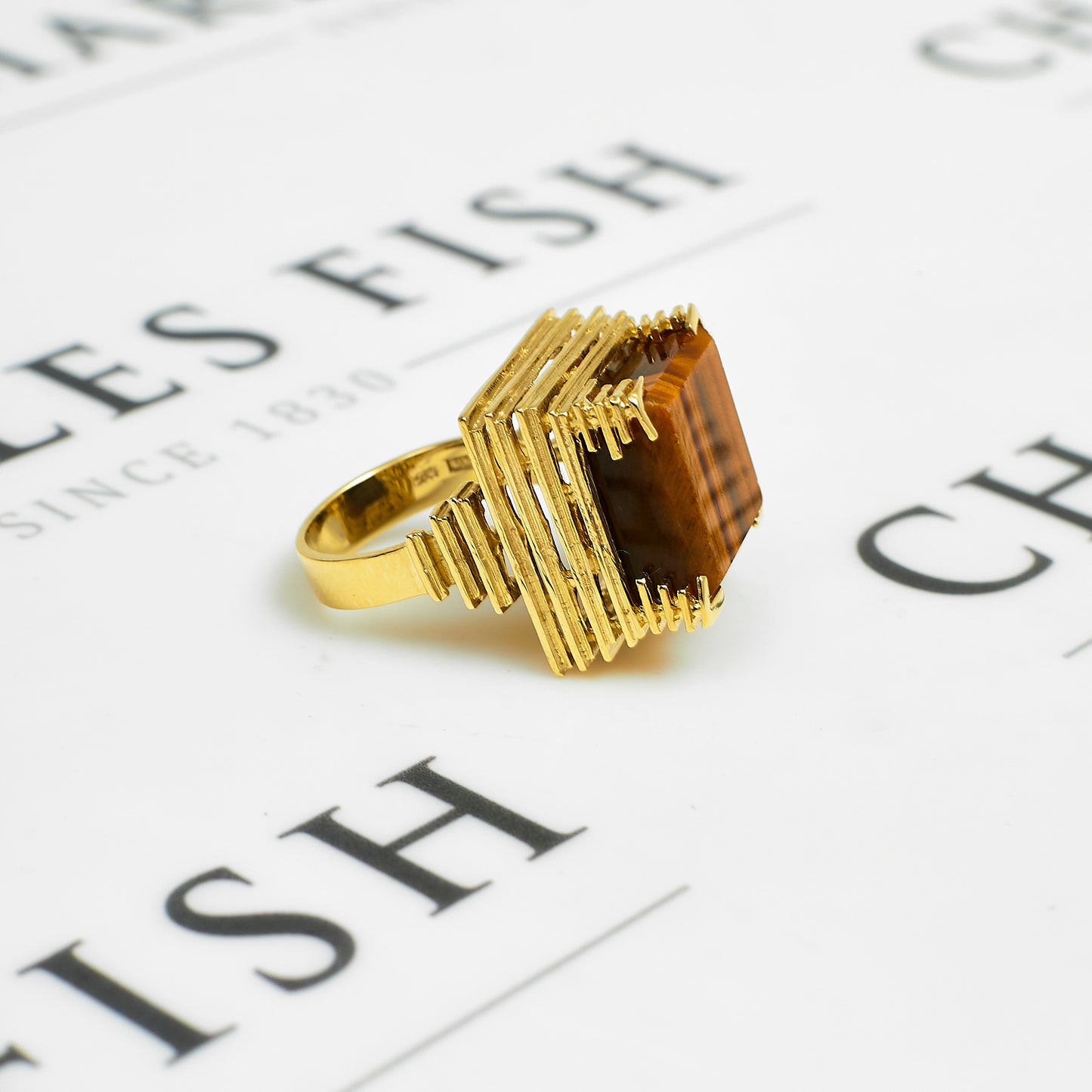 Pre-Owned 14ct Gold Statement Square Tigers Eye Ring Size N